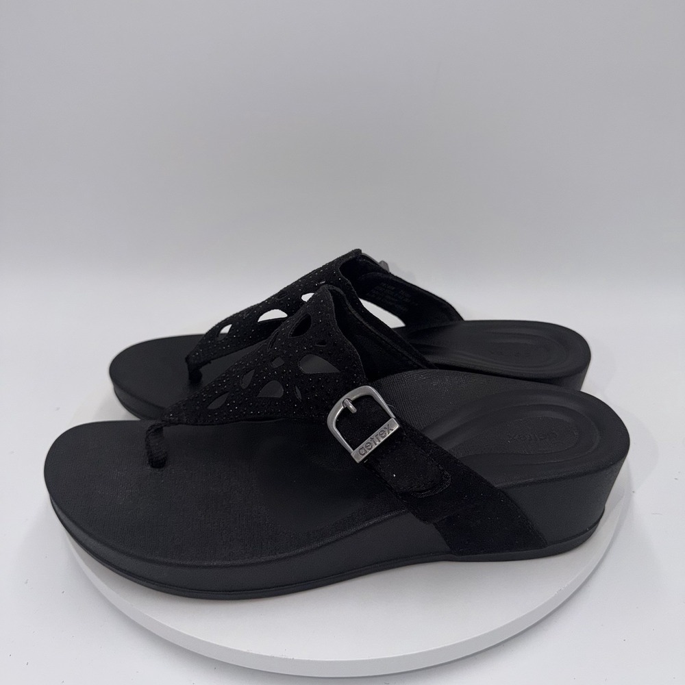 Aetrex Platform Sandals Womens Size 10 Black Tasha Thong Wedge Glitter Comfort